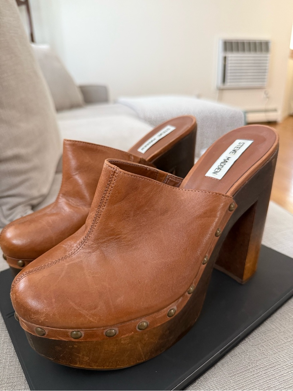 Steve Madden Cognac Leather Studded Platform Clogs